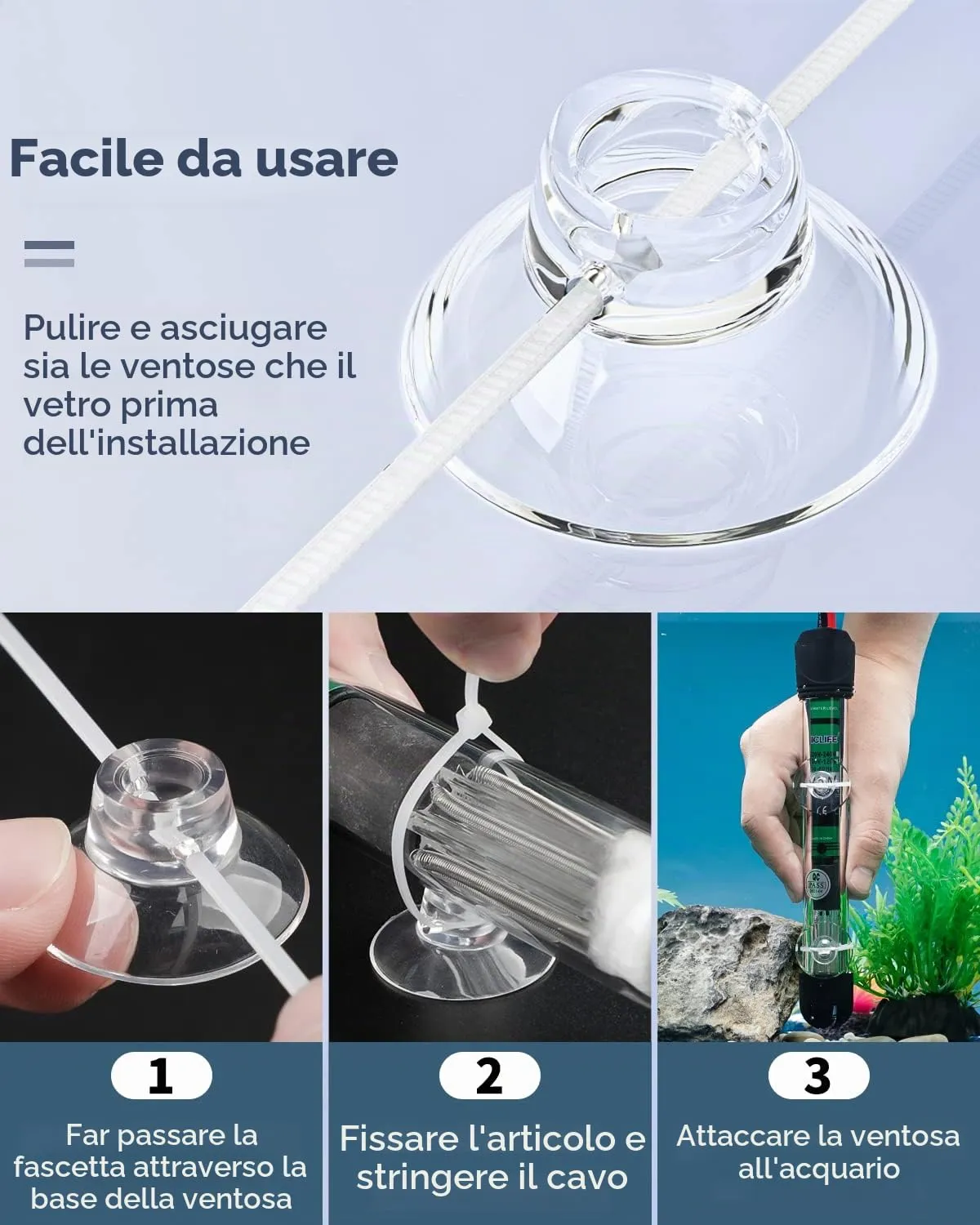 Pawfly ventose acquario trasparenti 10 pz con 20 fascette