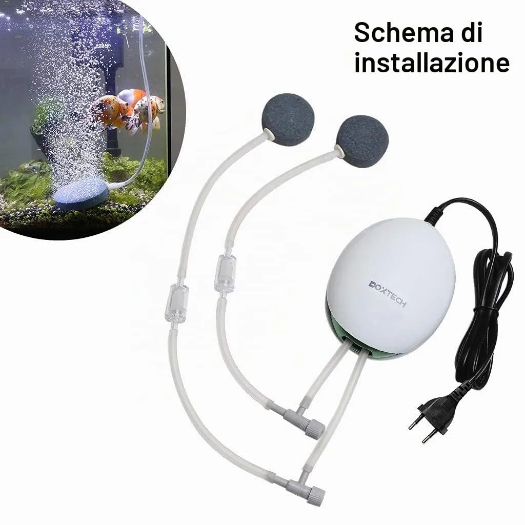 boxtech Pompa Aria Acquario 2,5W Doppia Uscita Kit Completo