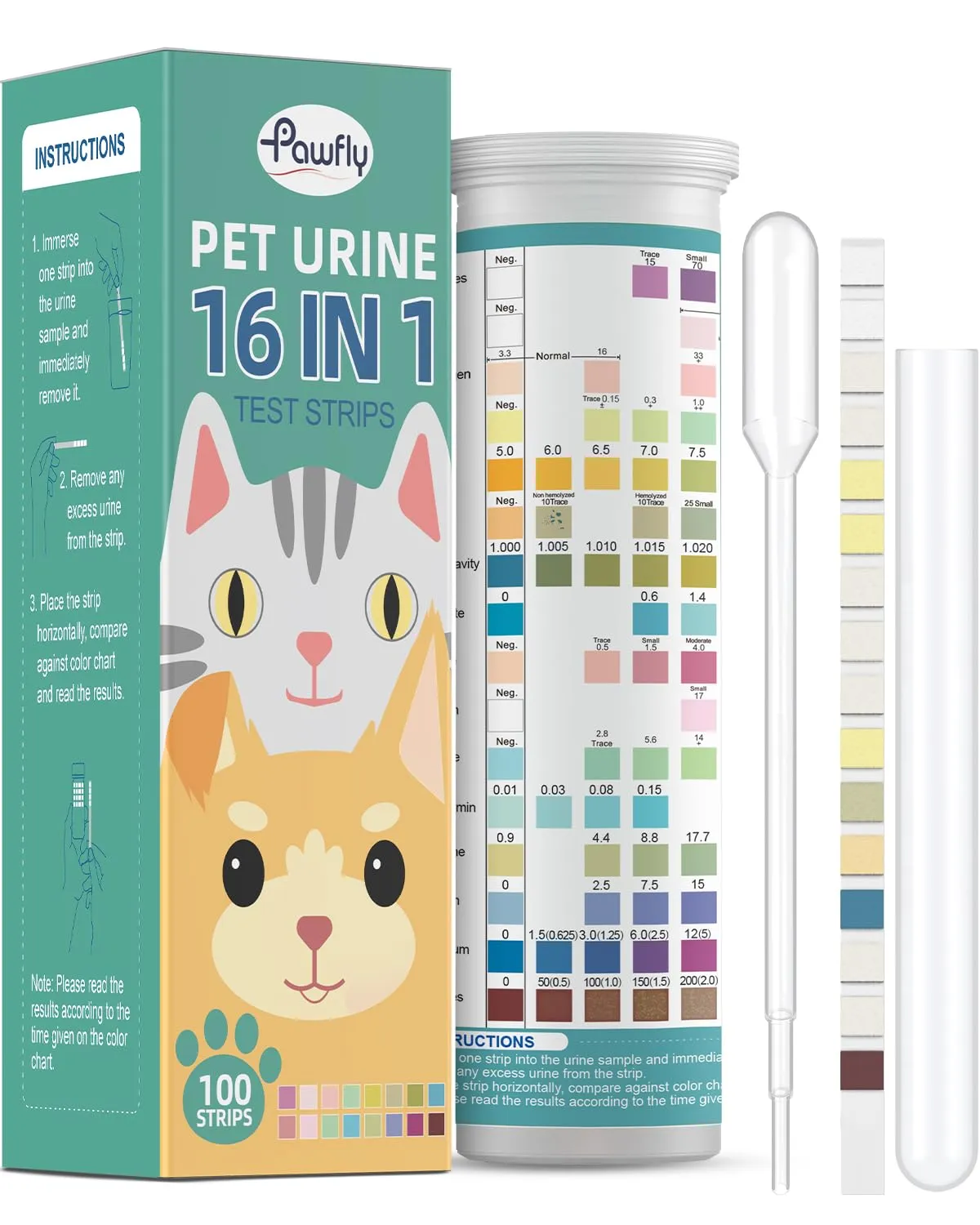 Pawfly Test Urine 4 in 1 100 Pezzi Cani e Gatti Diabete