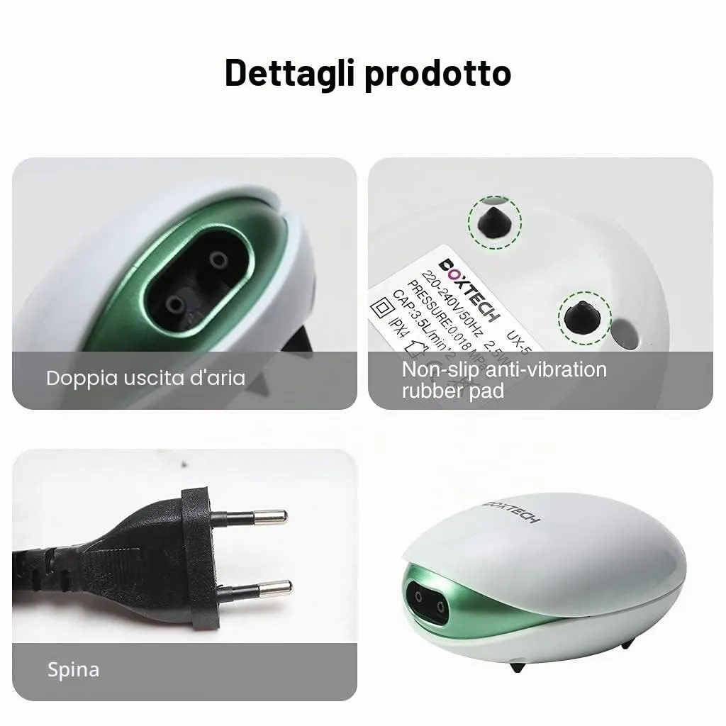 boxtech Pompa Aria Acquario 2,5W Doppia Uscita Kit Completo