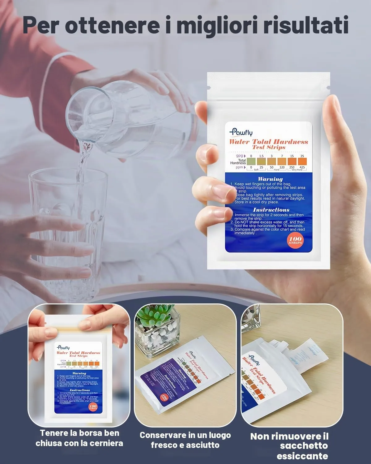 Pawfly strisce test durezza acqua 100 pezzi 0-425 ppm