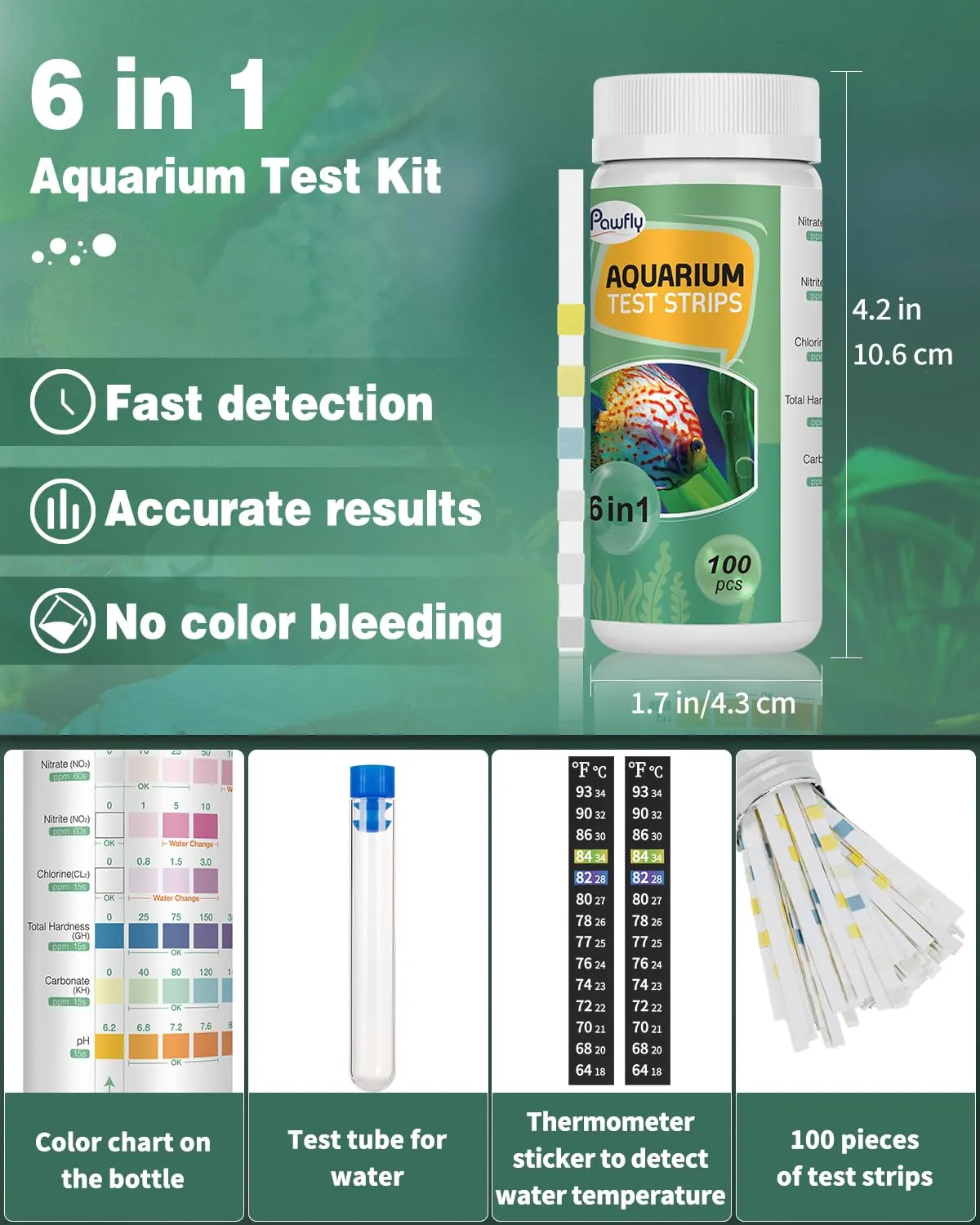 Pawfly Strisce Test Acquario 6 in 1 100 Pezzi con Termometro