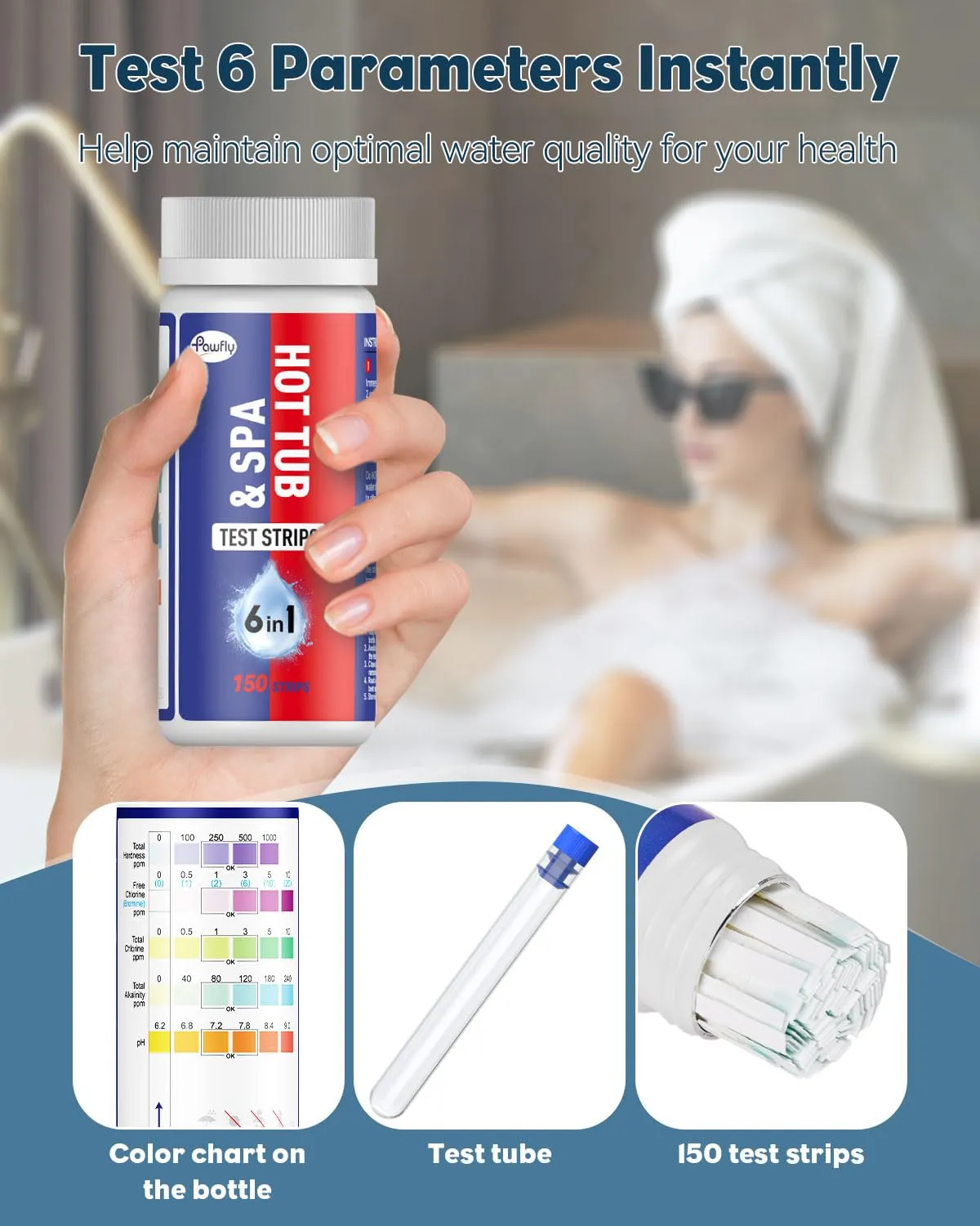 Pawfly Strisce Test Piscina 6 in 1 150 Pezzi pH Cloro