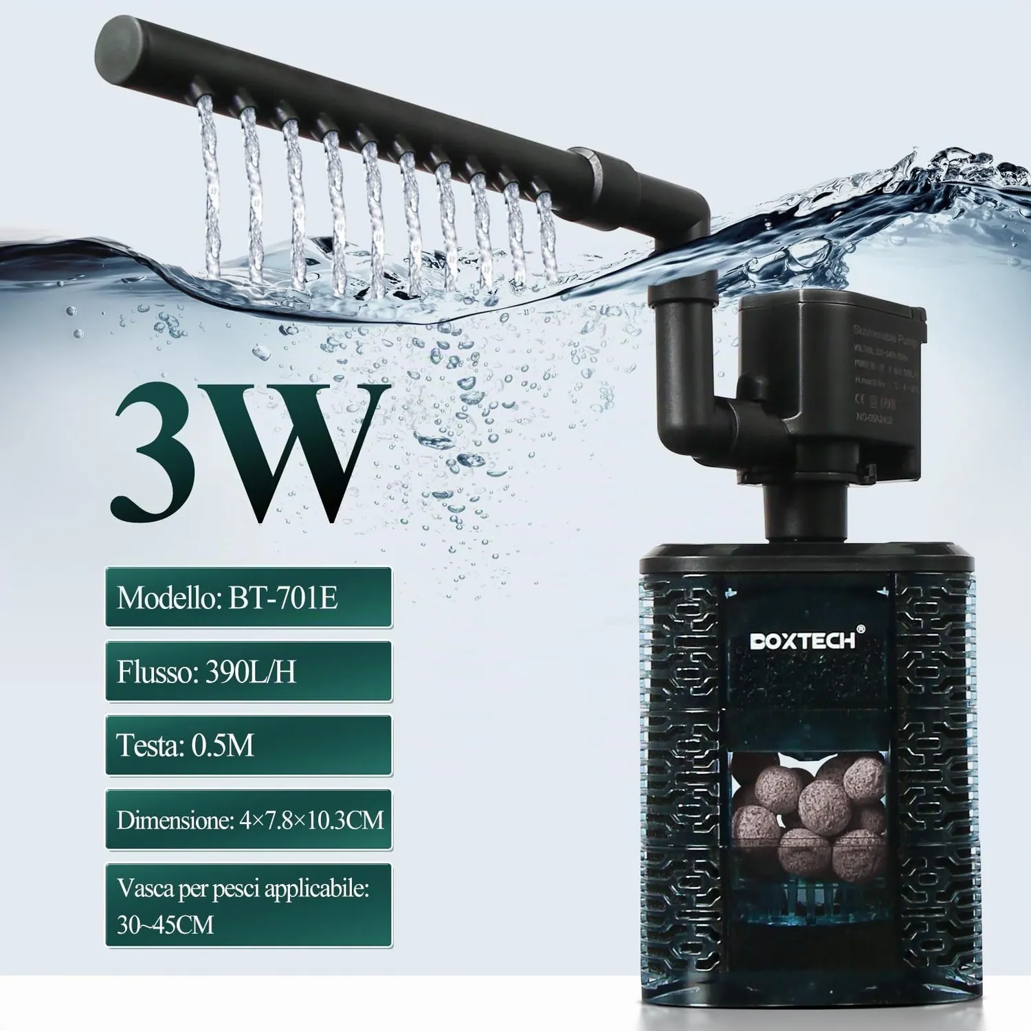 boxtech 5 in 1 filtro interno acquario 3W 390 L/H 75-150 L