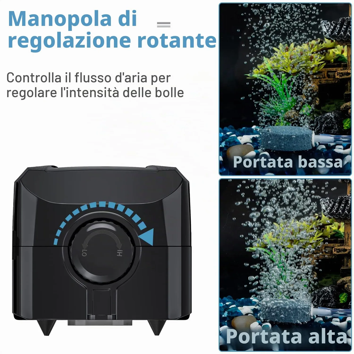 Pawfly Aeratore acquario 4 l/min doppia uscita regolabile kit