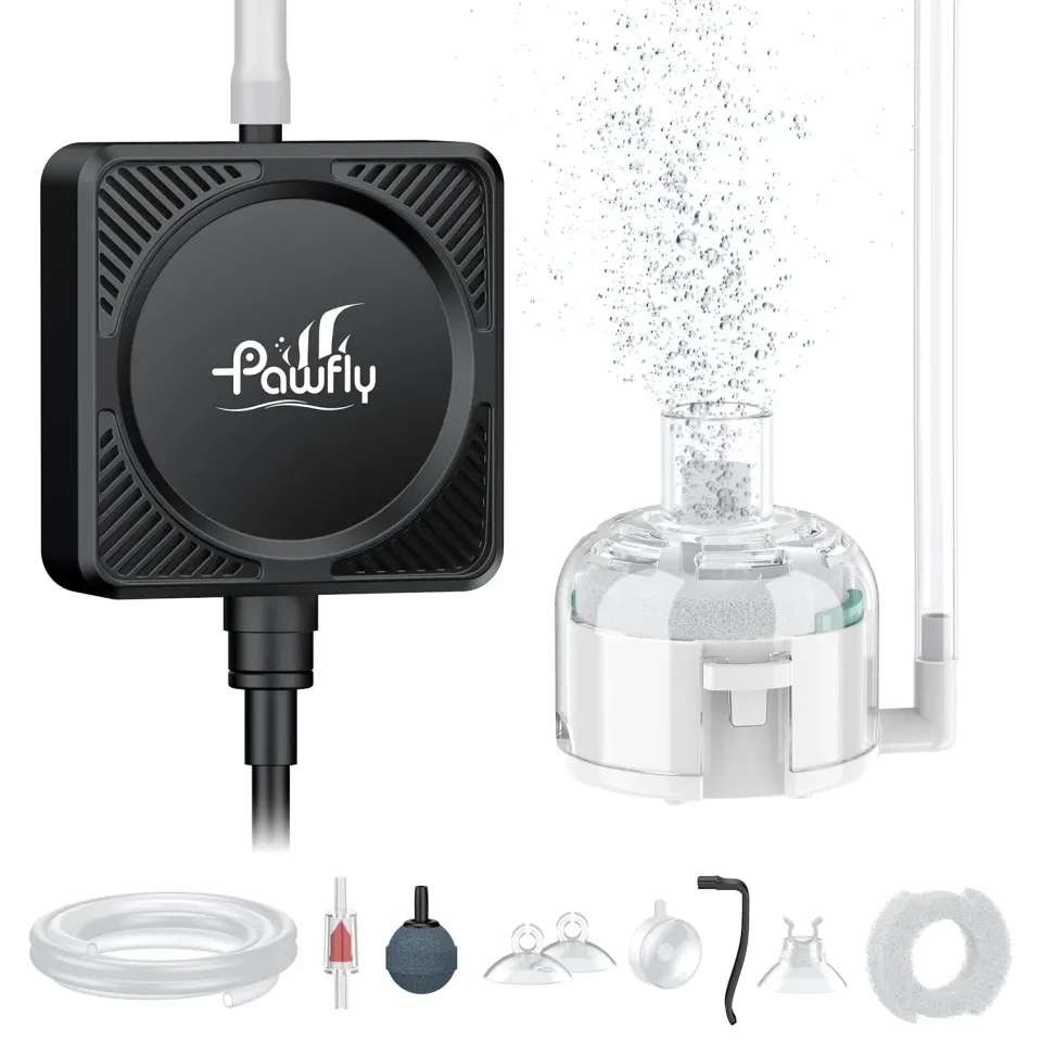 Pawfly Pompa Aria Acquario 450ml/min Kit con Filtro 60L Silenziosa