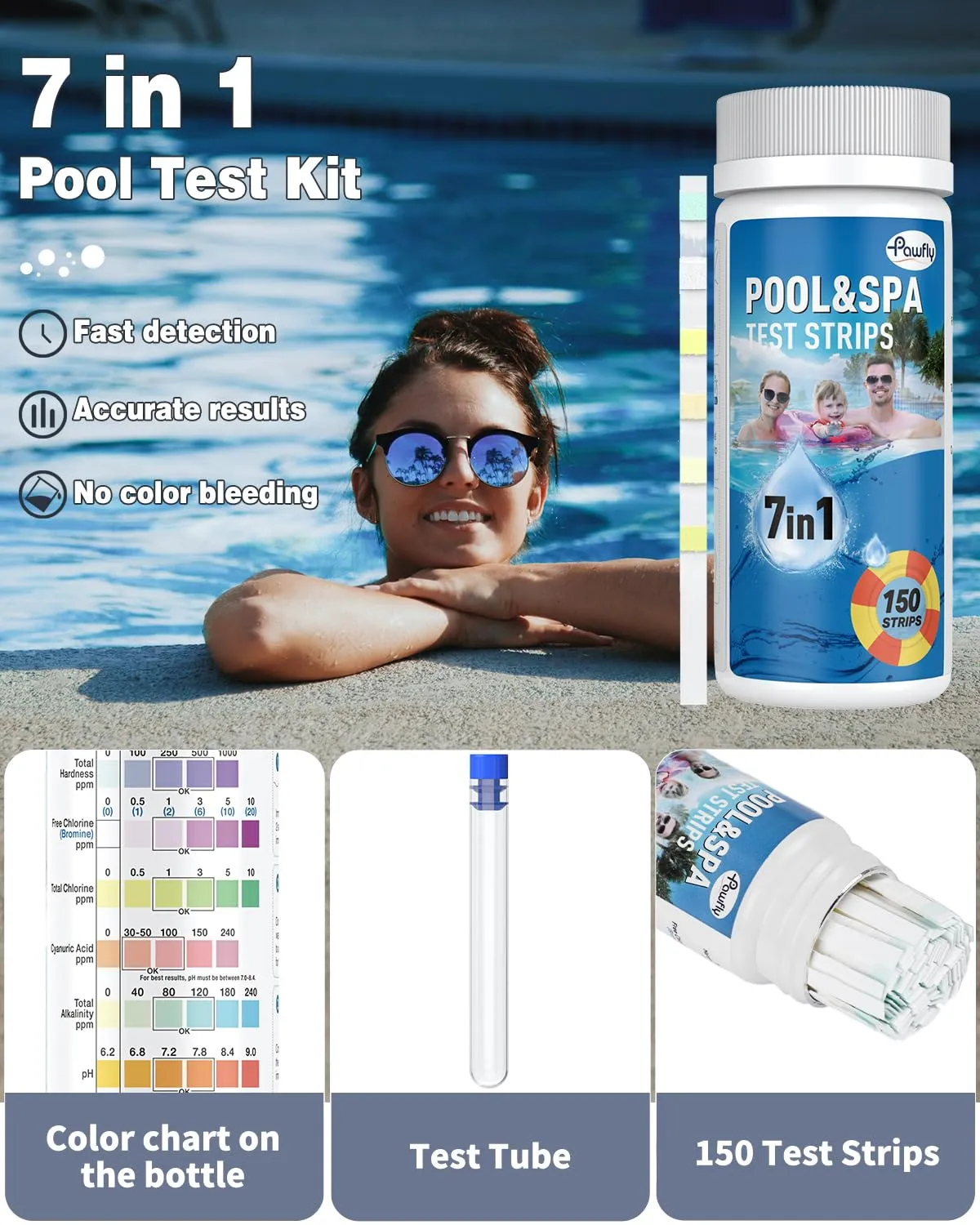 Pawfly 7 in 1 strisce test piscina 150 pezzi
