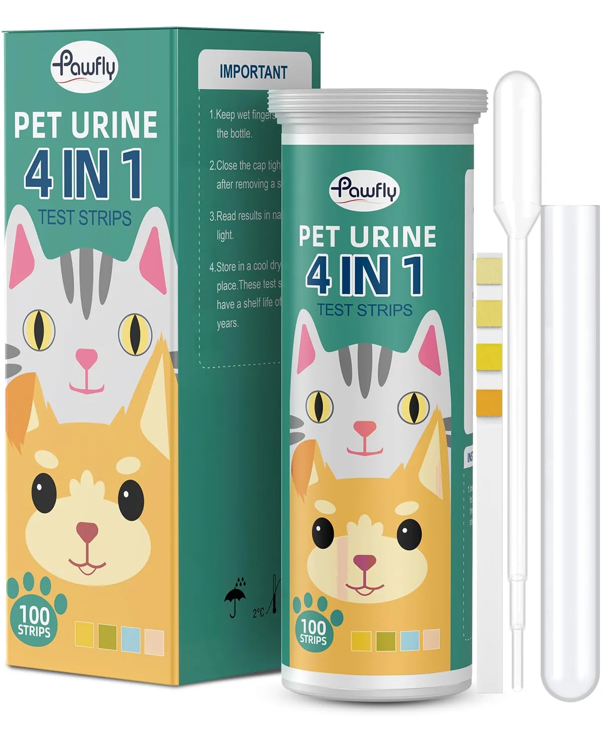 Pawfly Test Urine 4 in 1 100 Pezzi Cani e Gatti Diabete