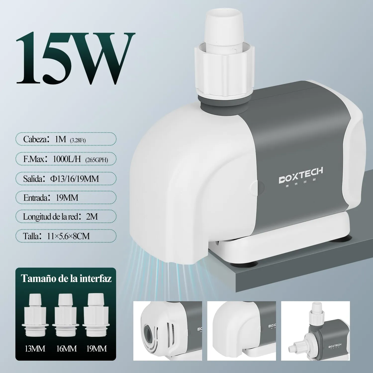Boxtech pompa acquario 15W 1000 L/h silenziosa 3-in-1