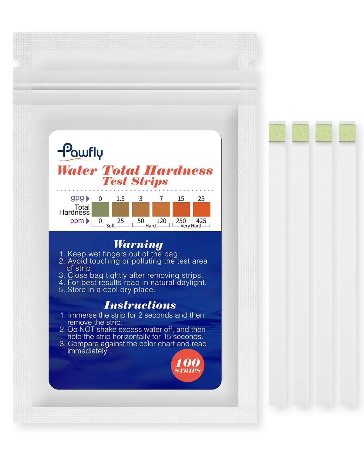Pawfly strisce test durezza acqua 100 pezzi 0-425 ppm