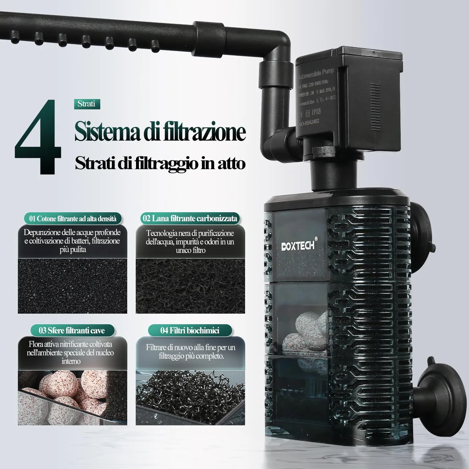 boxtech 5 in 1 filtro interno acquario 3W 390 L/H 75-150 L