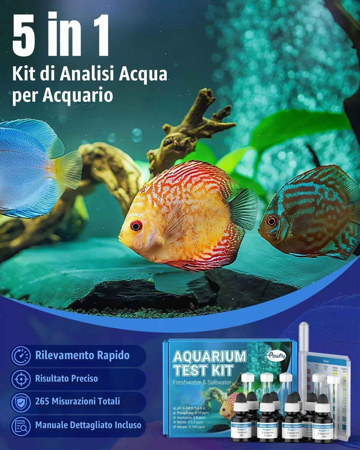 Pawfly Kit Test 5 in 1 tester acqua acquario dolce e salata