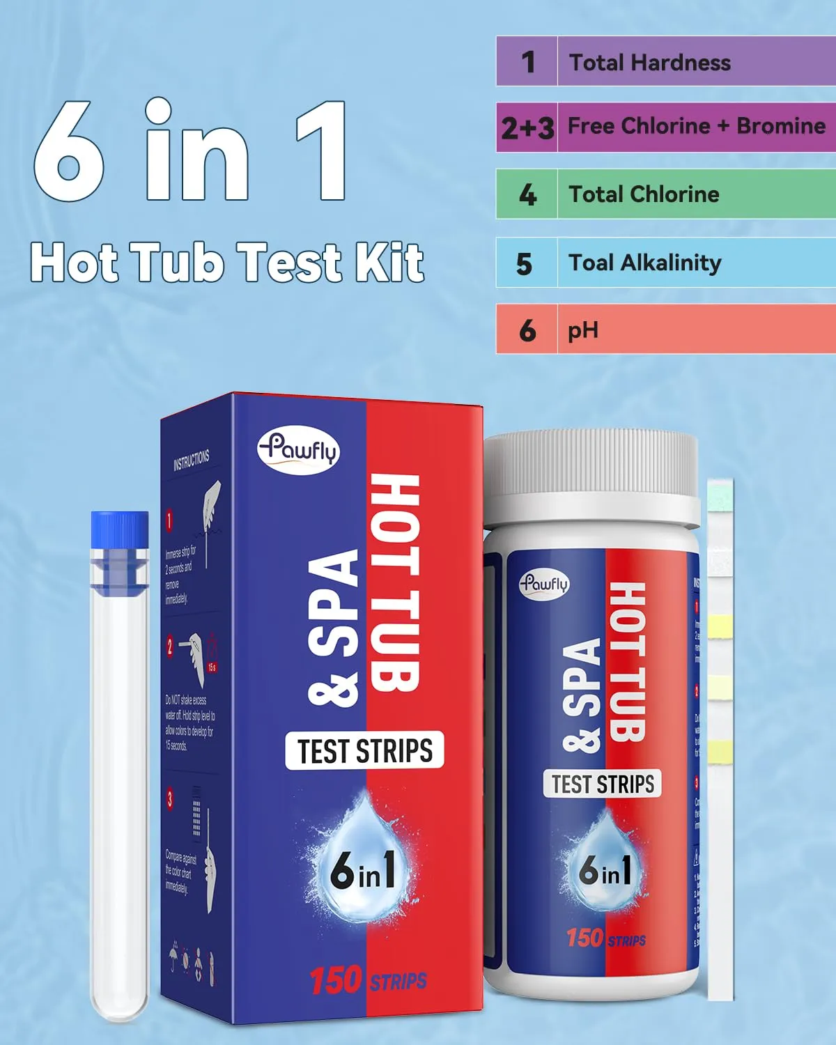 Pawfly Strisce Test Piscina 6 in 1 150 Pezzi pH Cloro