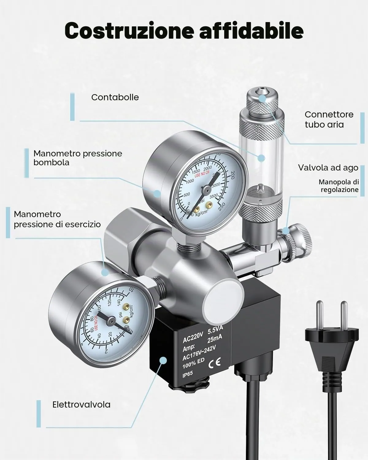 Pawfly Regolatore CO2 doppio manometro elettrovalvola acquario