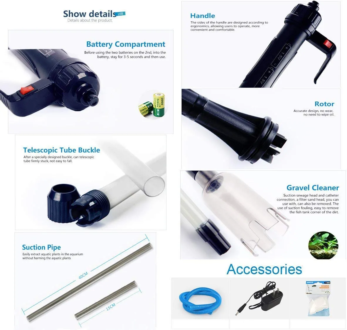 LONDAFISH Kit Pulizia Acquario a Batteria con Sifone Sabbia