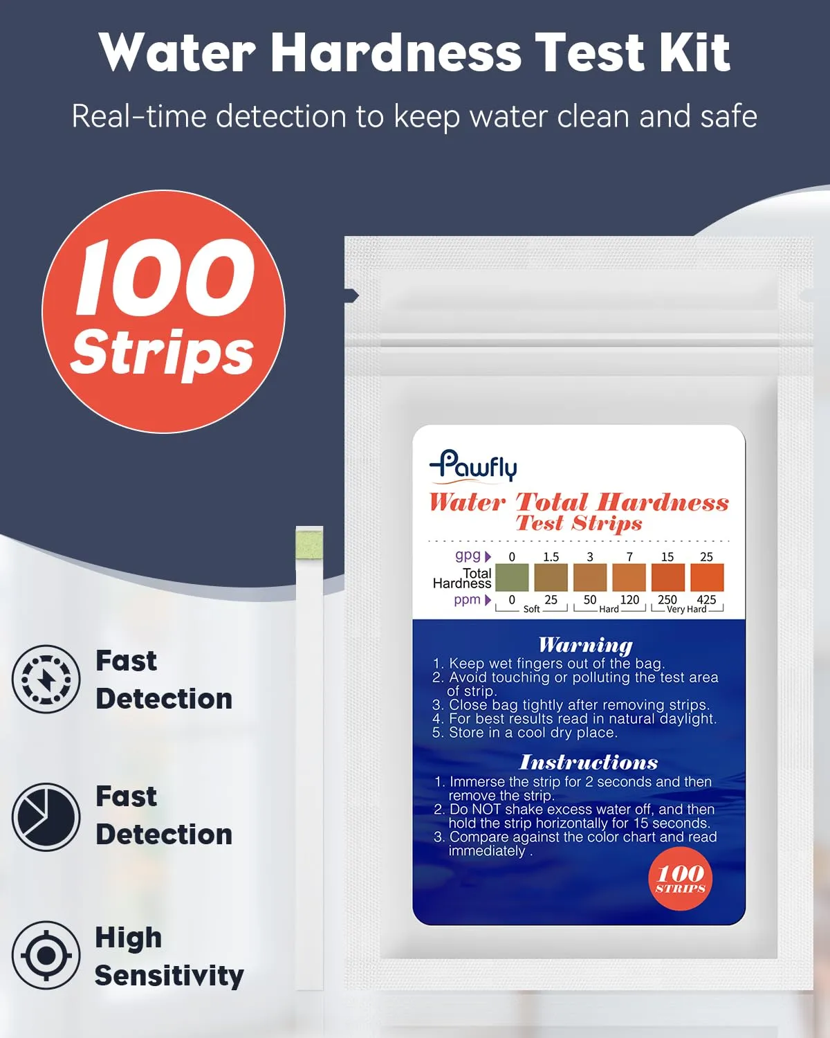 Pawfly strisce test durezza acqua 100 pezzi 0-425 ppm