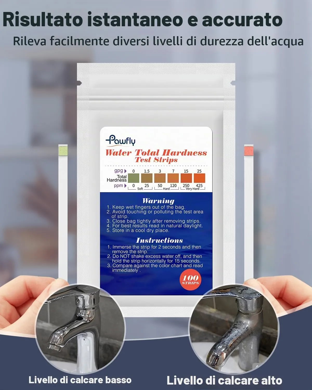 Pawfly strisce test durezza acqua 100 pezzi 0-425 ppm