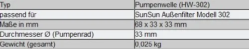 SunSun HW-302 albero pompa girante filtro esterno