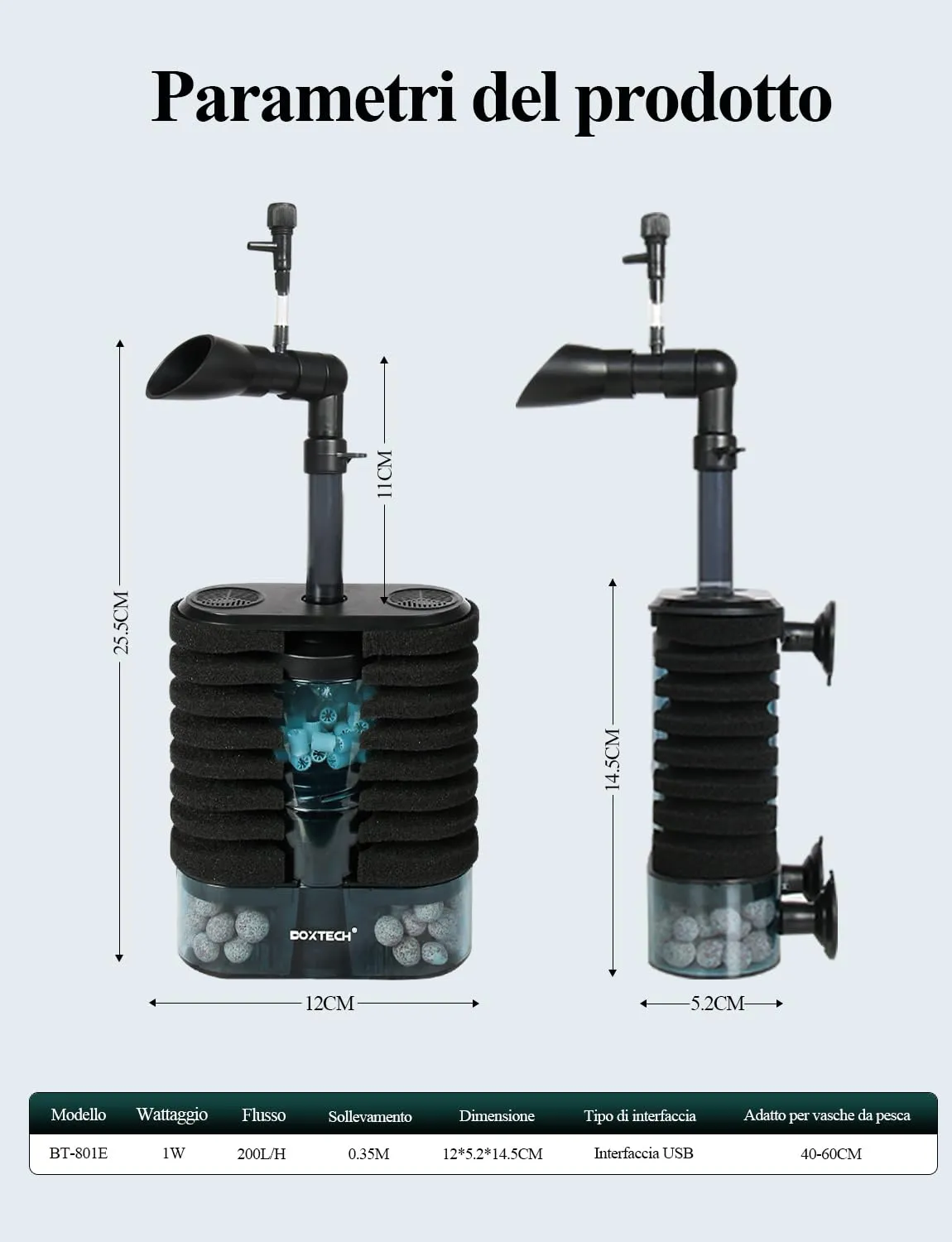 Boxtech 5 in 1 filtro interno acquario 200 l/h USB 35-110 l