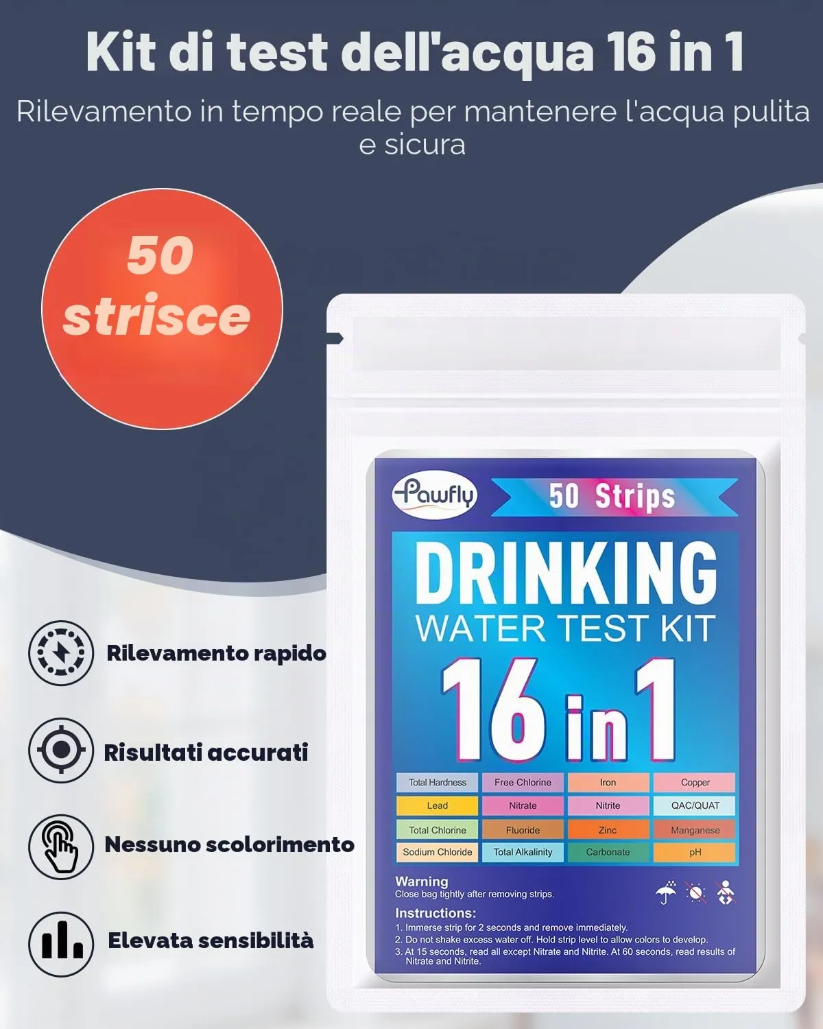 Pawfly Strisce Test Acqua 16 in 1 da 50 Pezzi